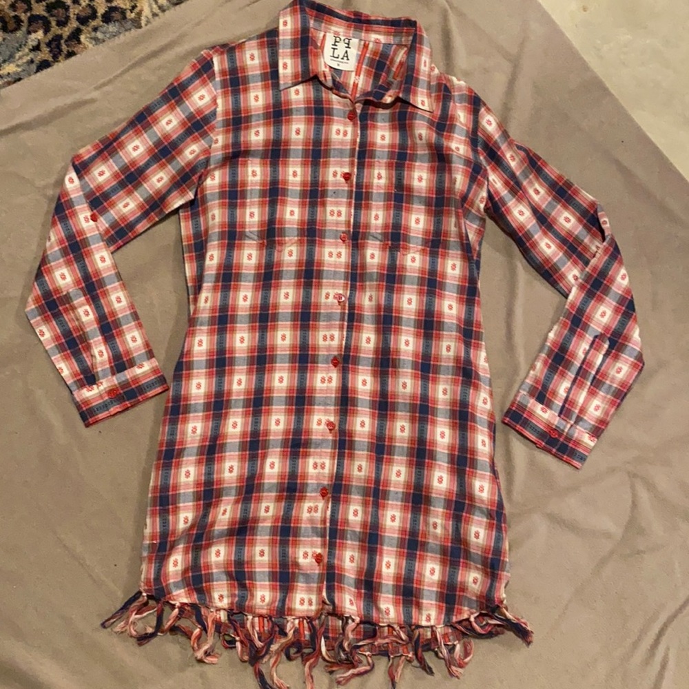 PPLA Plaid Shirt Dress, Navy blue/orange/red/cream.  Medium.  Worn 1x.